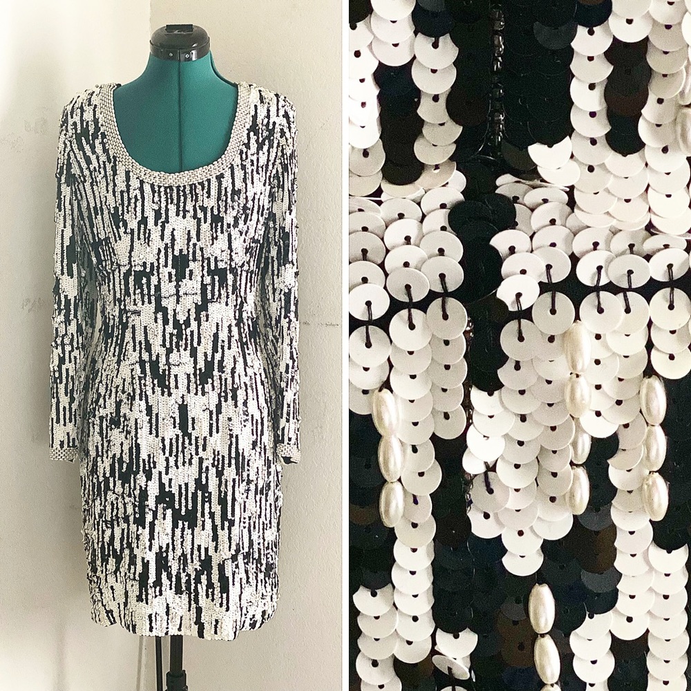 FRINGE NYE GEOMETRIC OLEG CASSINI BLACK TIE ART DECO PEARL DRESS SZ 8